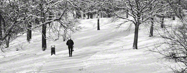 A woman walking alone on a snowy landscape/footpath.